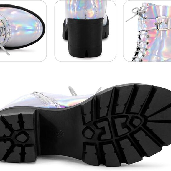 Lace Up Round Toe Chunky Heel Combat Platform Boots - Picture 9 of 10